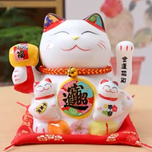 LC007W Ceramic Lucky Cat Figurine with Electric Waving Hand