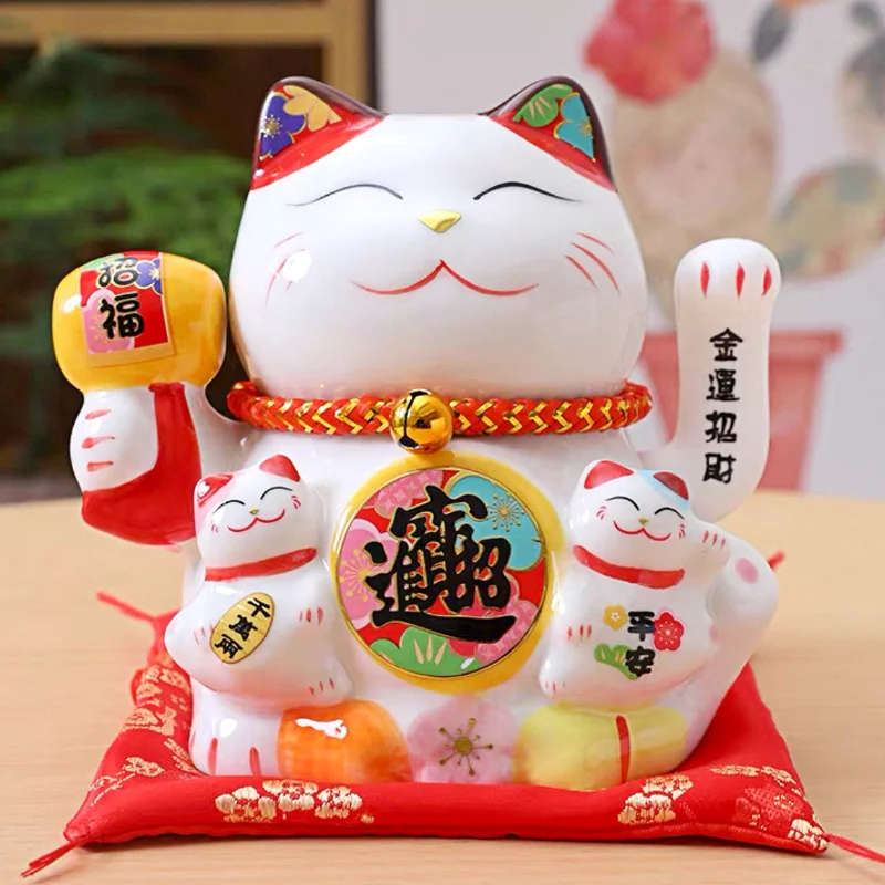 LC007W Ceramic Lucky Cat Figurine with Electric Waving Hand