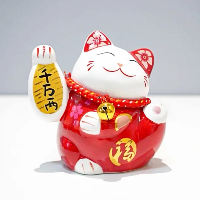 LC013R Ceramic Lucky Cat Figurine with Savings Jar