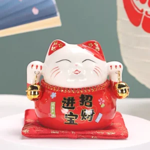 LC020R Ceramic Lucky Cat Figurine with Savings Jar