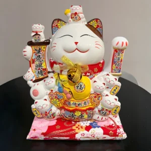 LC024W Ceramic Lucky Cat Figurine with Electric Waving Hand