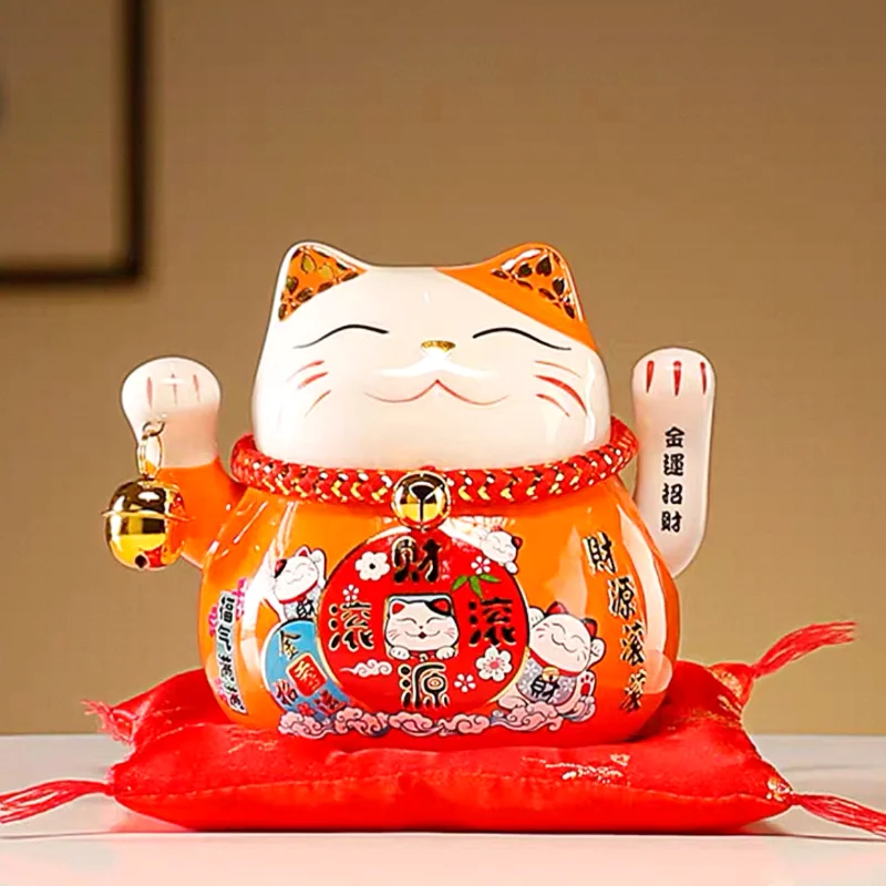 LC030O Ceramic Lucky Cat Figurine with Electric Waving Hand
