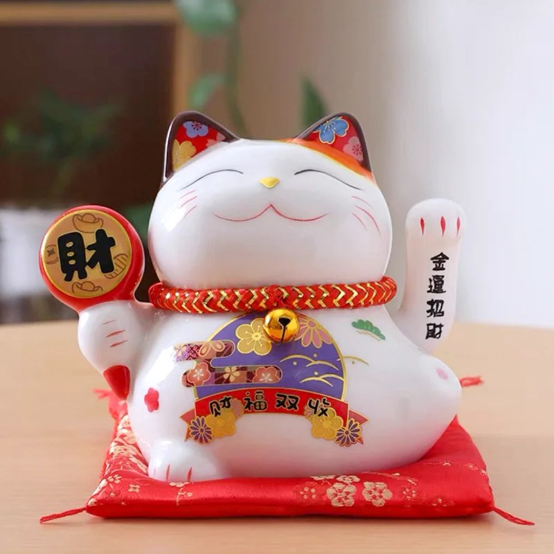 LC031W Ceramic Lucky Cat Figurine with Electric Waving Hand
