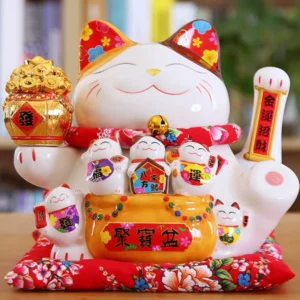 LC032W Ceramic Lucky Cat Figurine with Electric Waving Hand