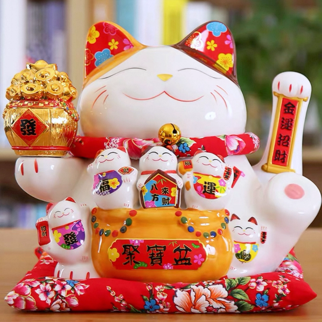 LC032W Ceramic Lucky Cat Figurine with Electric Waving Hand