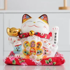 LC033W Ceramic Lucky Cat Figurine with Electric Waving Hand