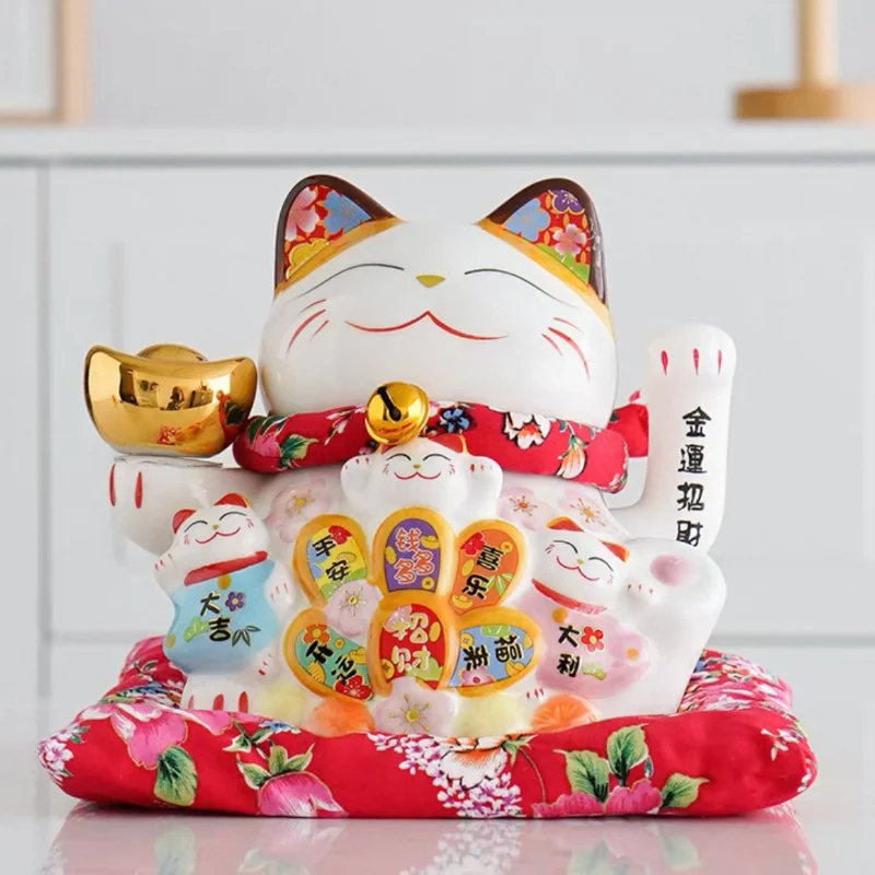 LC033W Ceramic Lucky Cat Figurine with Electric Waving Hand