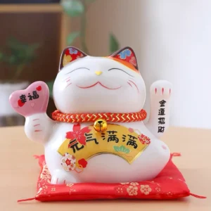 LC034W Ceramic Lucky Cat Figurine with Electric Waving Hand