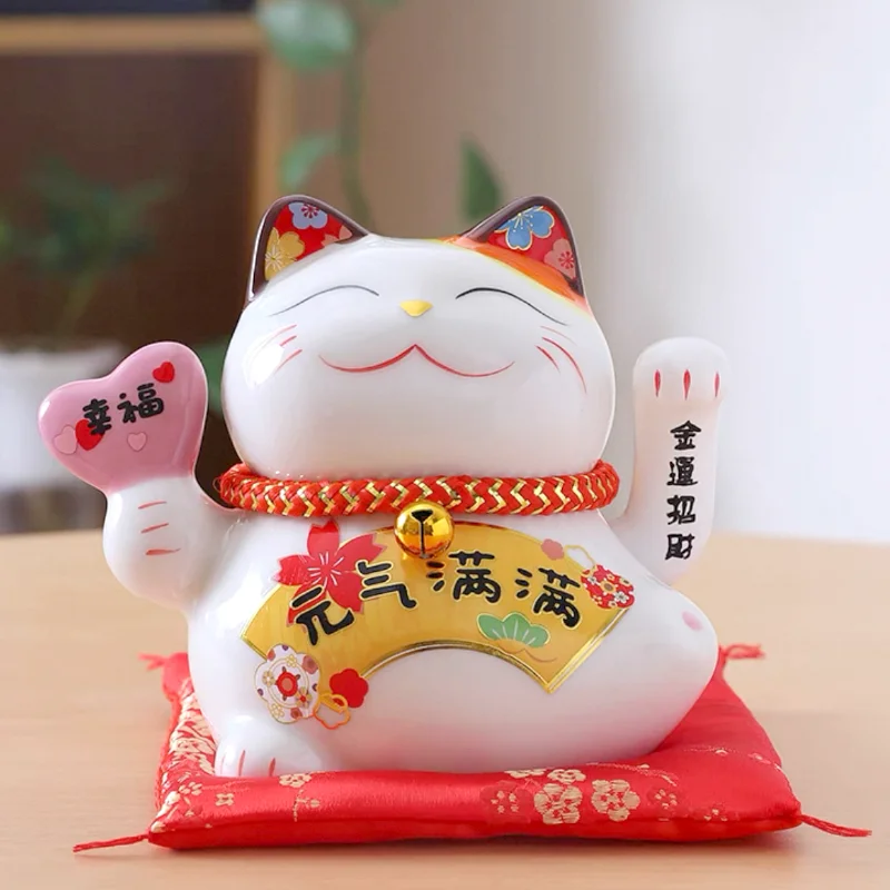 LC034W Ceramic Lucky Cat Figurine with Electric Waving Hand