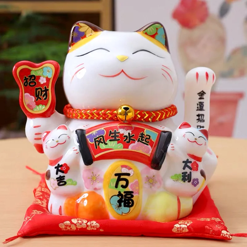 LC035W Ceramic Lucky Cat Figurine with Electric Waving Hand