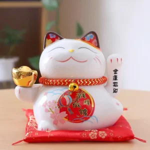 LC036W Ceramic Lucky Cat Figurine with Electric Waving Hand